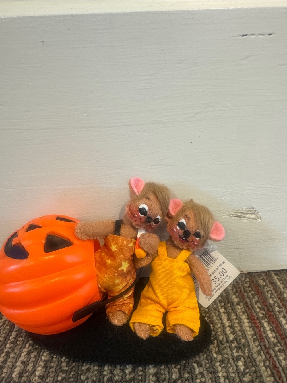 Annalee Orange Pumpkin with Twin Brown Plush Mice in Yellow Overalls